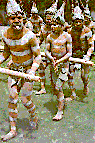 [Lines of men in orange and white stripe body clay. Each line rolls a large log along their arms as they dance forward.: 31k]