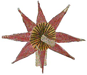 [Tapa cloth star-shaped flower costume with red petals and a yellow and black ray center: 13k]