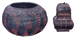 [Basket with triangular designs of red and blue trade beads and small, split-bark basketry, lidded box: 11k]