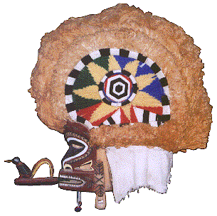 [tatanua wood helmet mask with thick fiber crest, multi-colored geometric star yarn pattern on side, bird mouthpiece: 30k]