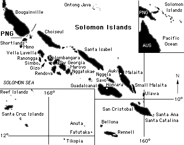[map of the Solomon Islands including Malaita, Gudalcanal, Gizo and Bougainville, PNG: 10k]