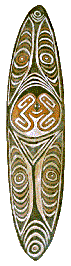 [Gope flat wood carving with geometric face, bilateral symmetry, over all curvilinear designs: 8k]
