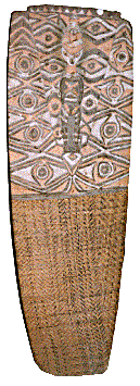 [Ramu River shield with figure on the panel and cane basketry work on bottom: 20k]