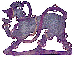 [Wayang kulit-style puppet with animal-like body circled with sets of rings and a jester-type head: 13k]